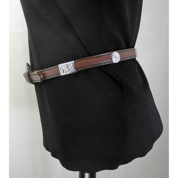 Circle Y Brown Leather Belt Engraved Silver Tone Conchos & Buckle - Size 28 - Picture 3 of 9